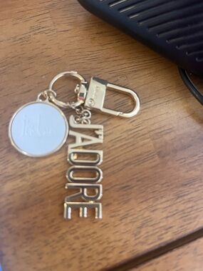 Dior Gold J'ADORE Lettering Keychain with White Medallion